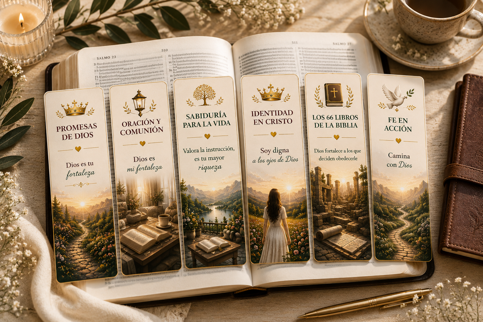 Biblia abierta con seis marcadores bíblicos impresos entre las páginas
