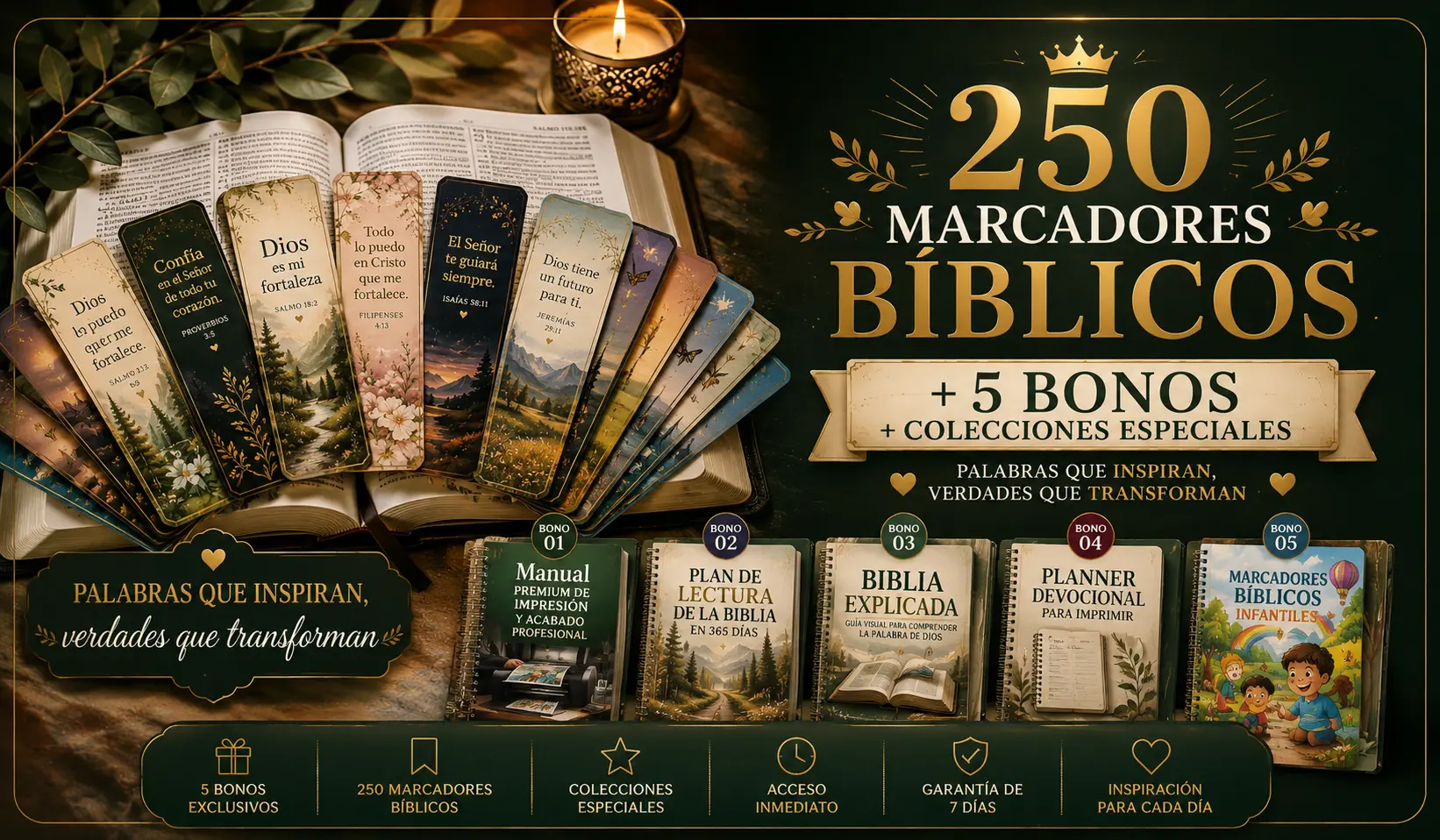 Colección de marcadores bíblicos imprimibles sobre una Biblia abierta